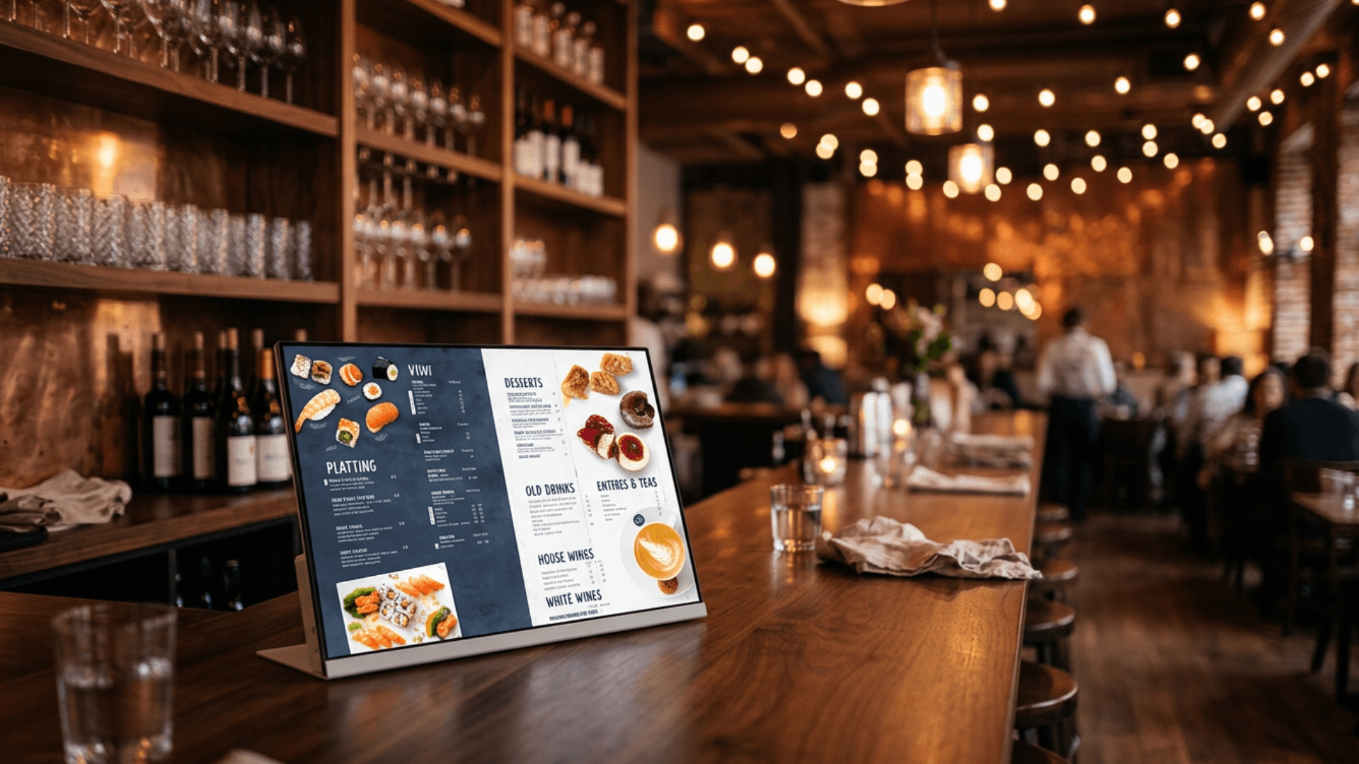 Hands-On Innovations display showing a digital menu at a restaurant bar